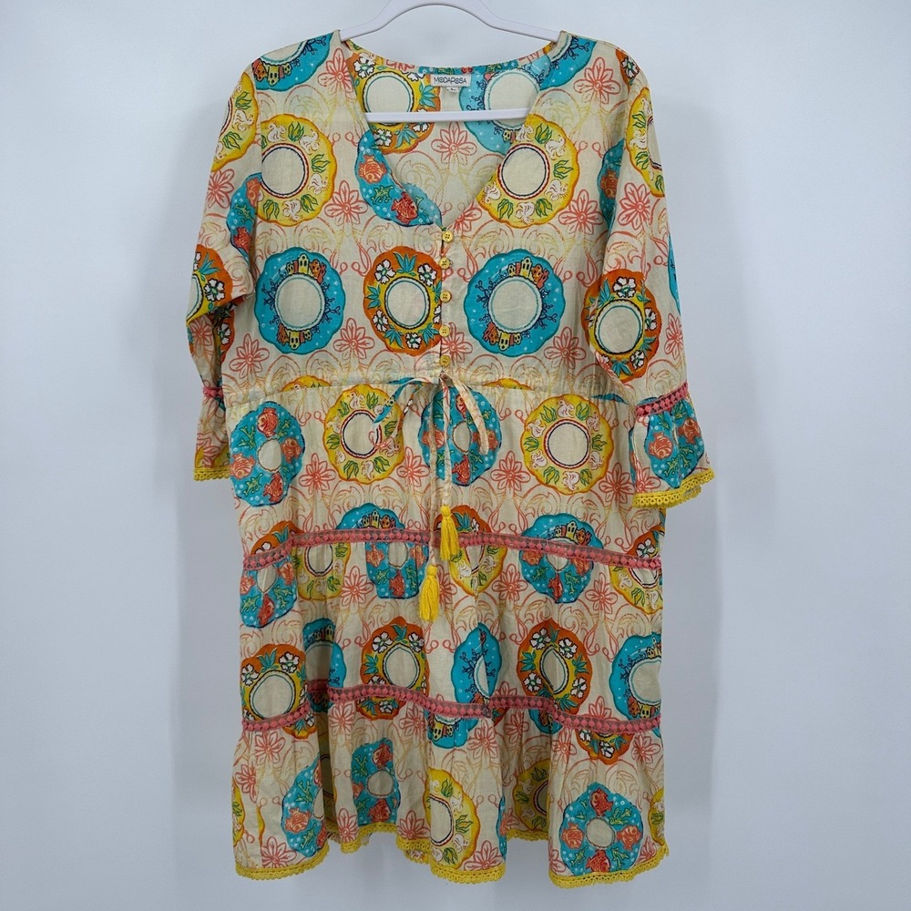 Womens Boho Colorful Floral Dress Size L Resort Beach Mediterranean Tile Print
